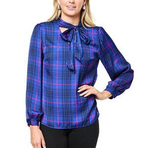 G BY‎ GIULIANA BLACK LABEL Plaid Satin Neck-Tie Blouse (NWOT – Size 3X)